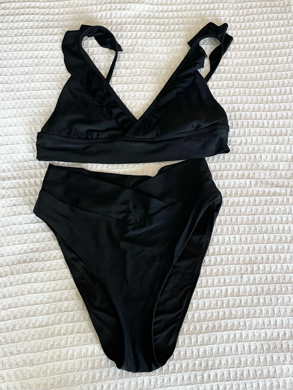 Aerie Black Ruffled Strap High-Waist Bikini Set XL top L bottom